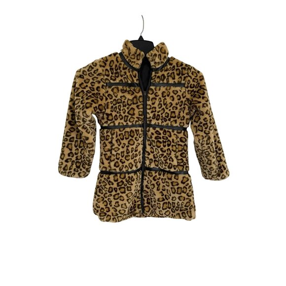 Leopard Print Faux Fur Jacket With Zipper & Black Leather Trim For Women Size S - Picture 1 of 10